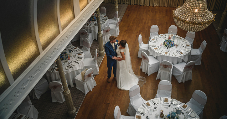 couple on their wedding day inside Headlam Hall